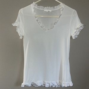 Tres Mimi  Short Sleeve Elevated V Neck Tee  White Rayon Ruffled Trim Size Small
